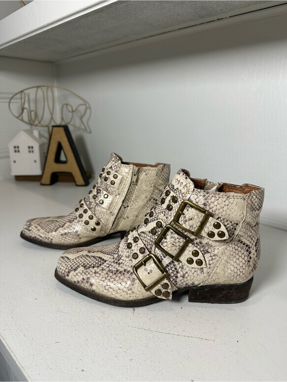 Zodiac Snake Print Ankle Boots Womens 8 Leather Studded Buckle Moto Booties